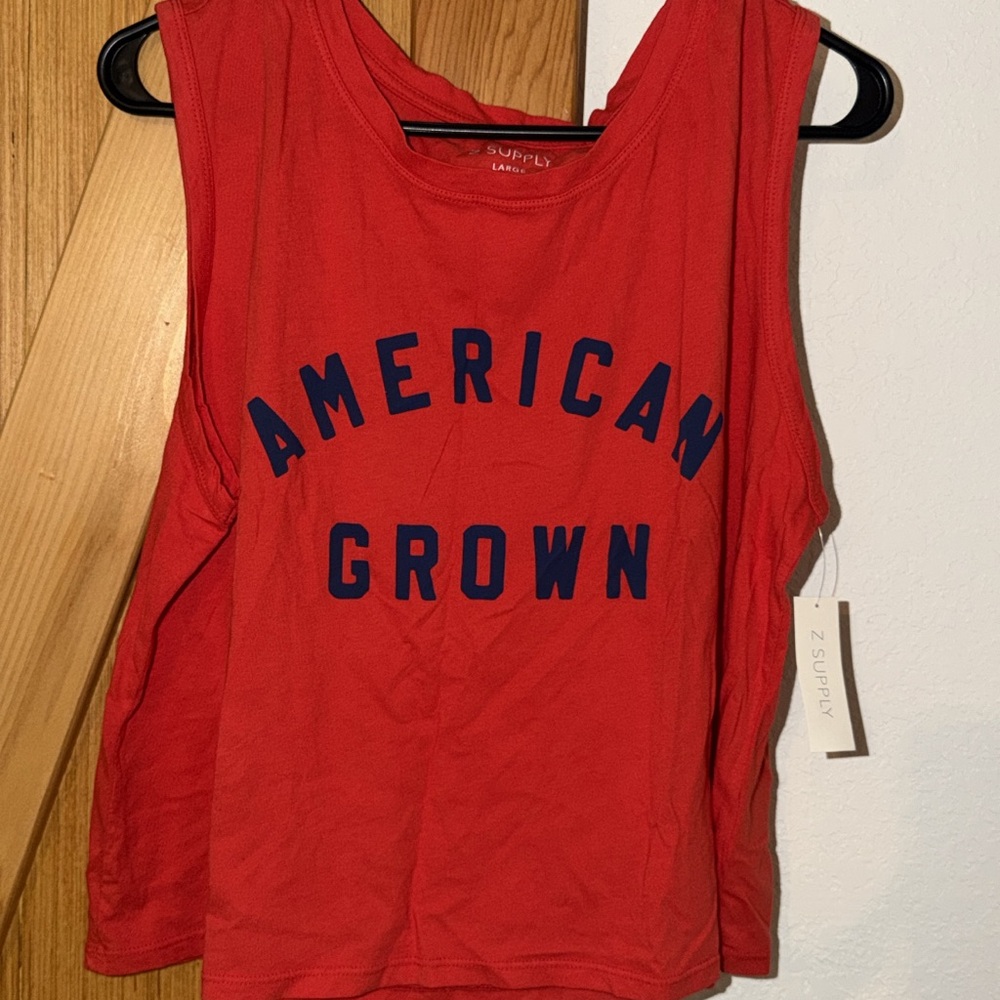 Z Supply Red Muscle Tank with Navy "American Grown" Print
